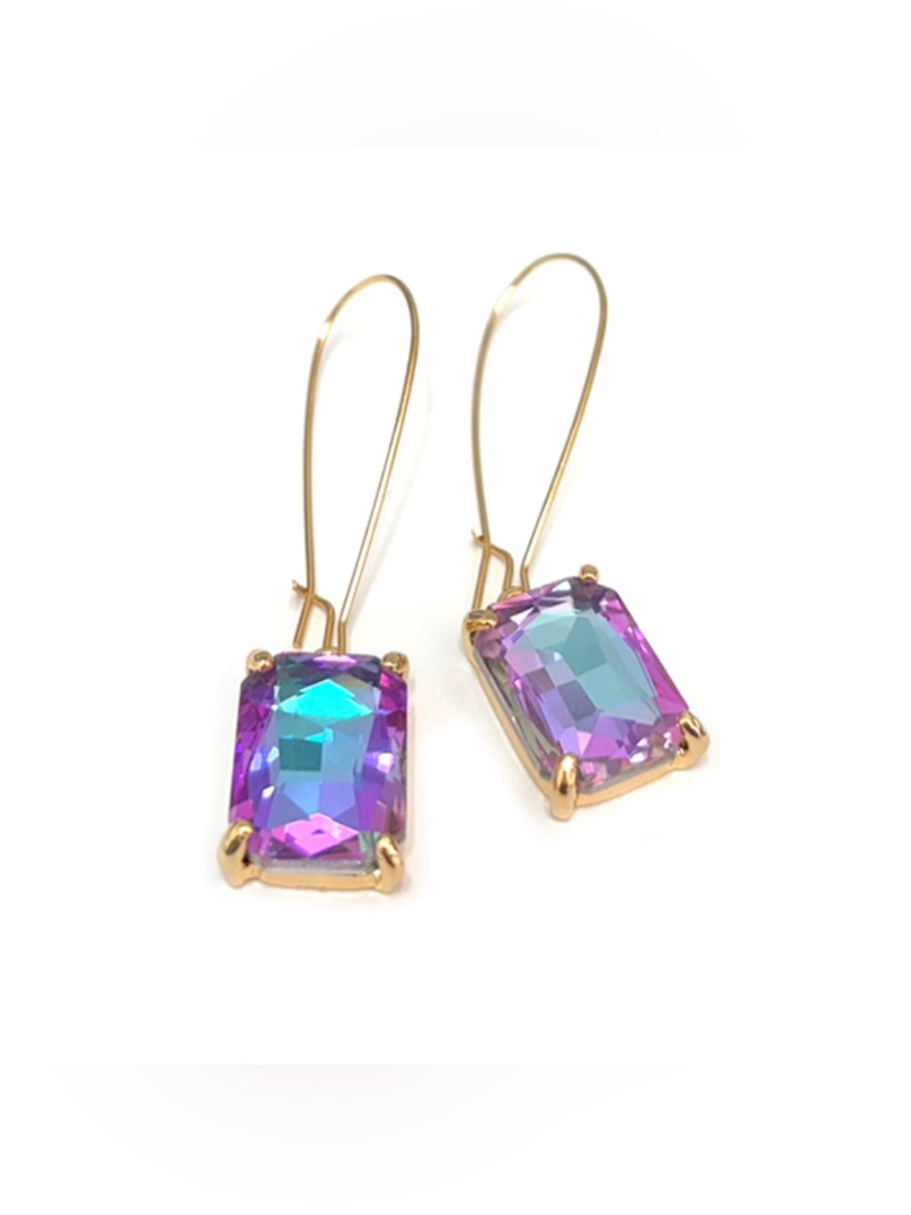 Lavender AB Gold Rectangle Glass Stone Kidney Wire Earrings